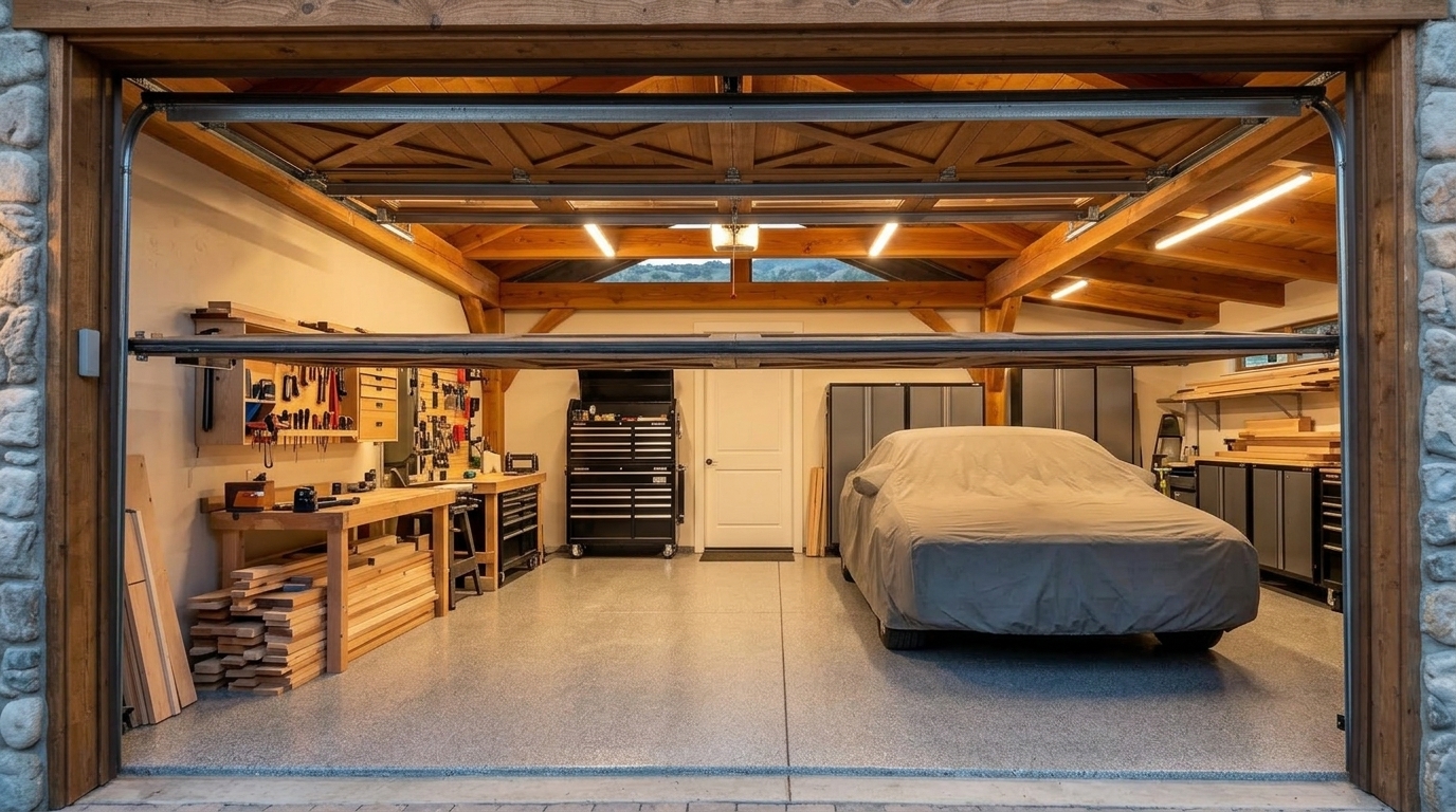 Antelope Garage Door Service Interior View of Custom Garage Door Overhead and Workshop